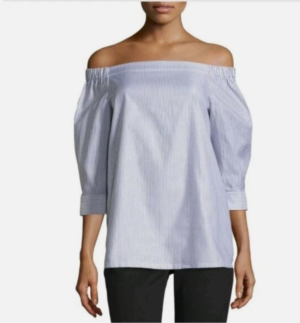 Theory Josola Mason Top Large Blue White Stripe Off Shoulder 100% Cotton USA